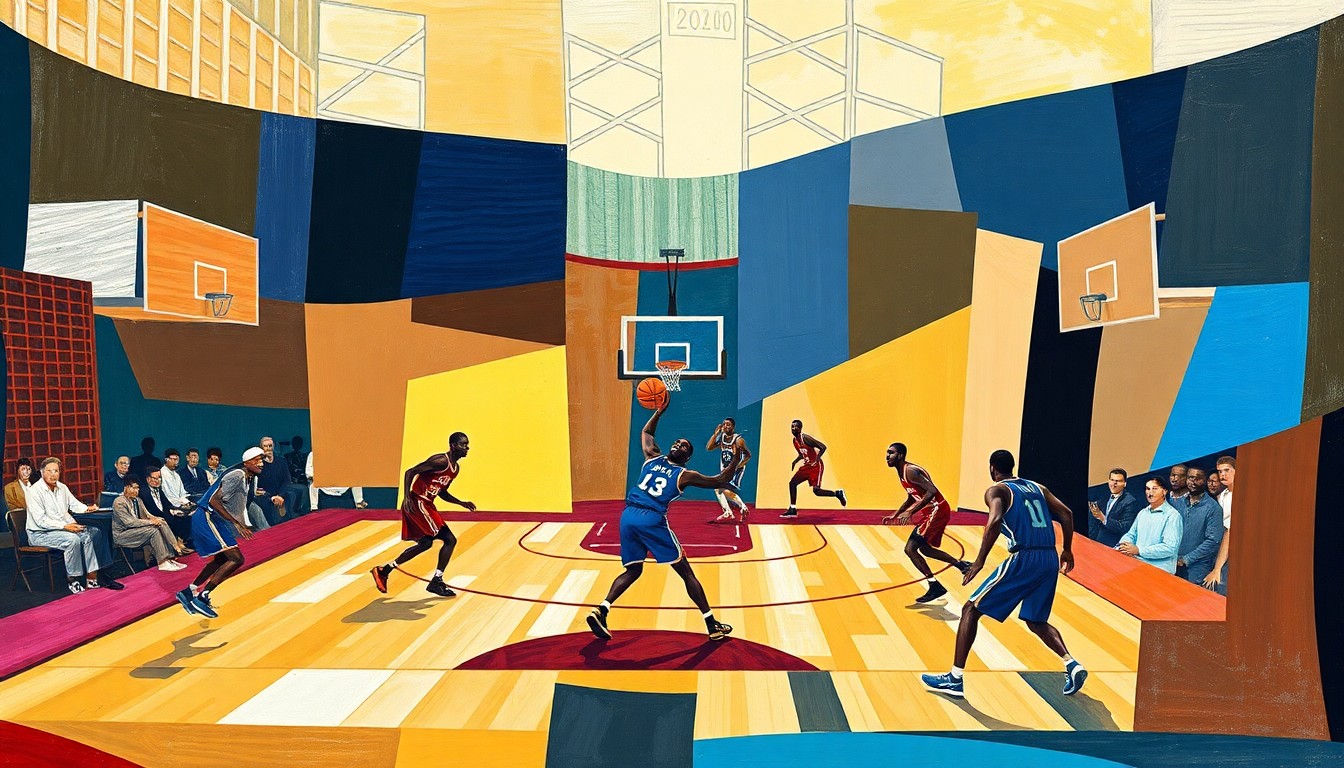 A cubist-style painting featuring fragmented, geometric shapes in shades of orange, blue, and gray, representing the heated exchange between Lakers coach and player in an abstract, non-literal way.