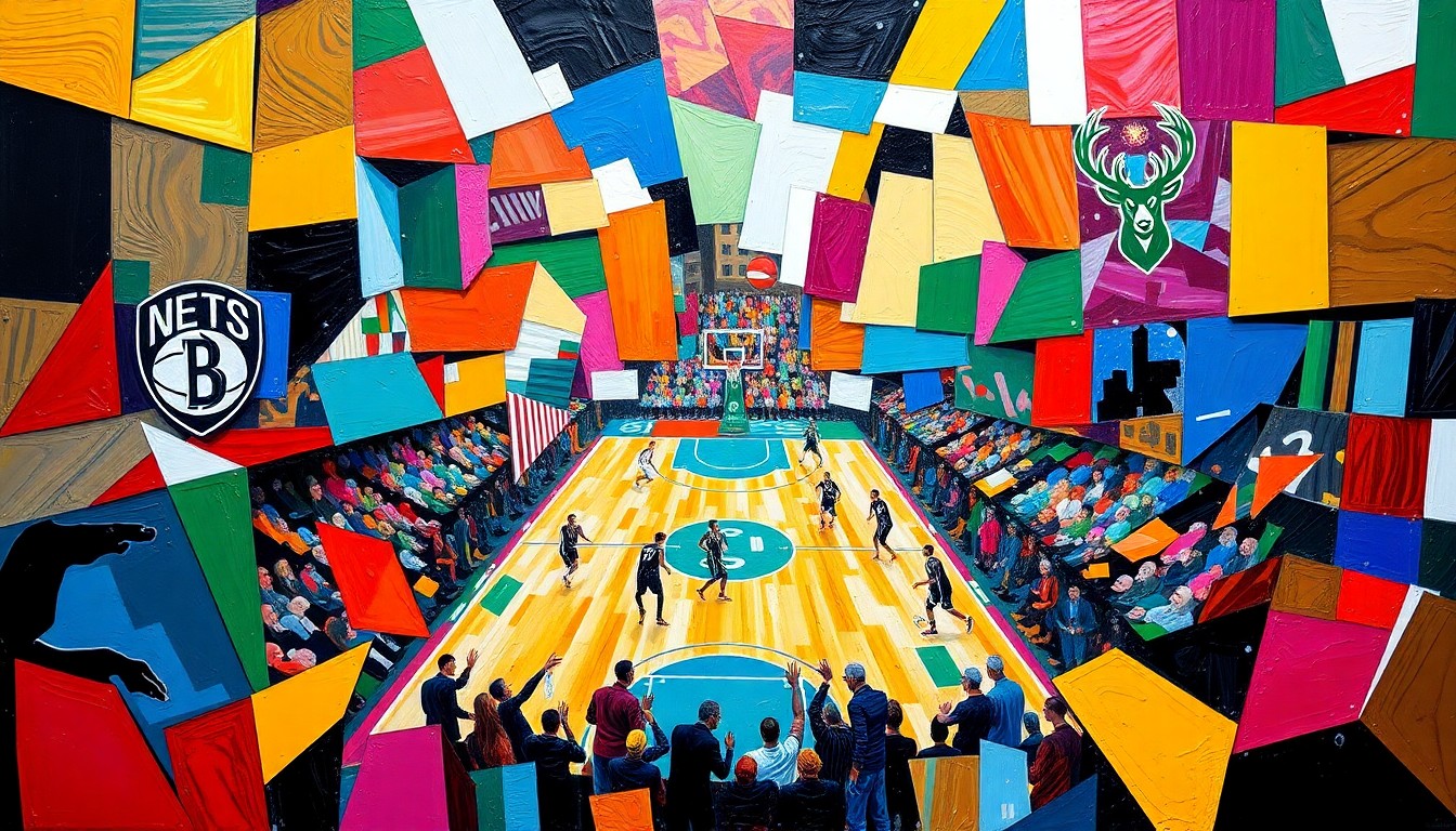 A fractured, cubist-style painting depicting a basketball game, with sharp geometric shapes and planes in the team colors of the Brooklyn Nets and Milwaukee Bucks, conceptually representing the competitive spirit and dynamic movement of the sport.