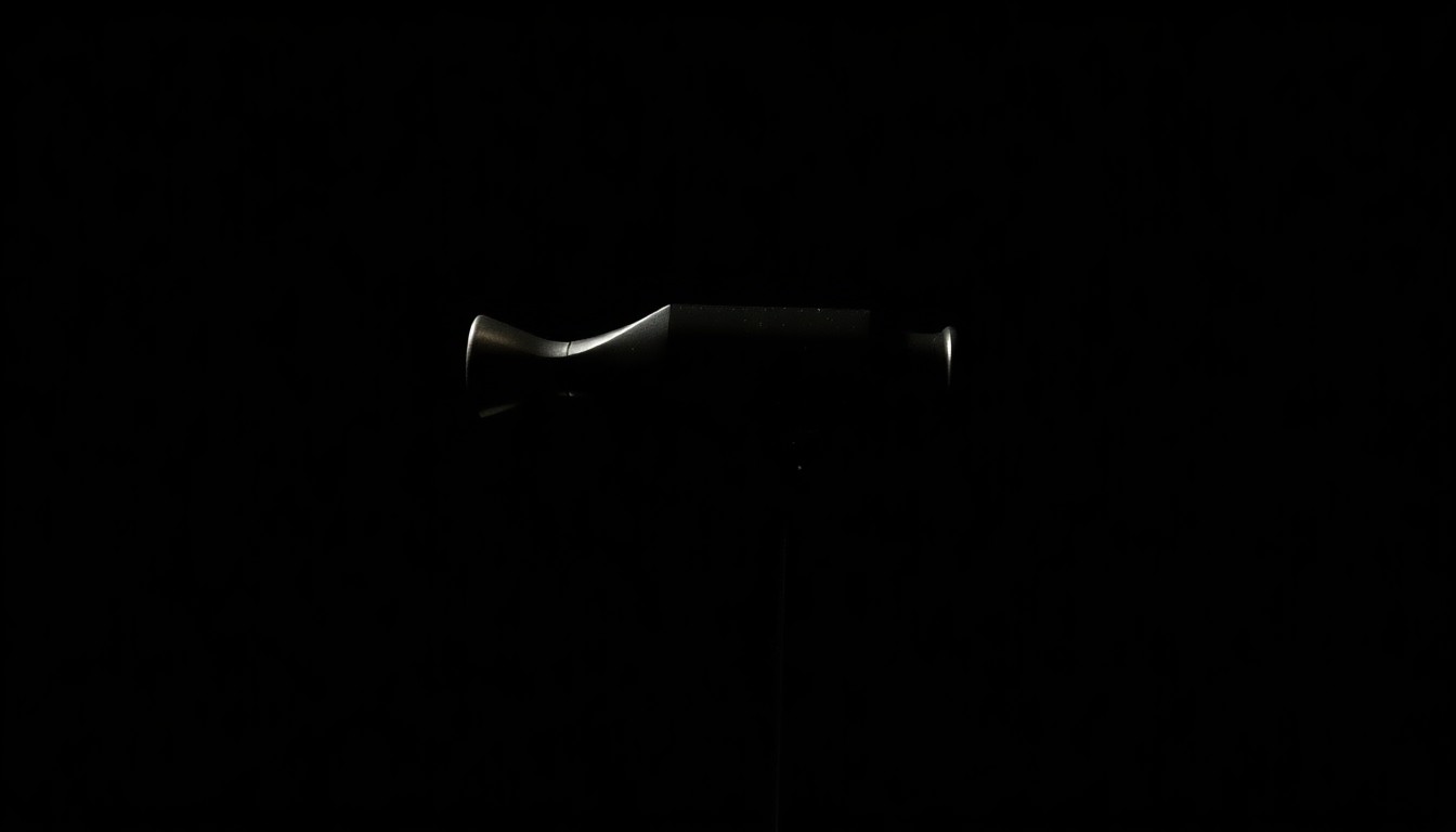 An extreme close-up photograph of a hammer head against a pitch-black background, lit by a harsh, direct camera flash, creating a stark, investigative aesthetic without any additional context or elements.