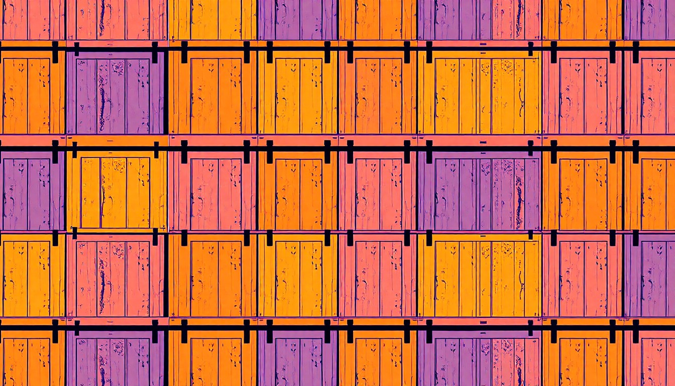 A high-contrast, silkscreen-style illustration featuring a repeated pattern of a single, iconic barndominium design element, such as a sliding barn door or metal roof panel, rendered in a bold, neon color palette that transforms the everyday into modern pop art.