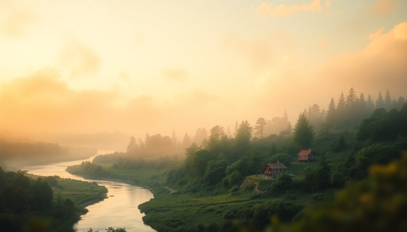 An extremely abstracted, out-of-focus photograph in soft, warm tones depicting a serene natural landscape with a winding river, lush greenery, and a small cabin in the distance, conceptually representing the tranquility and natural beauty of the 105-acre property.