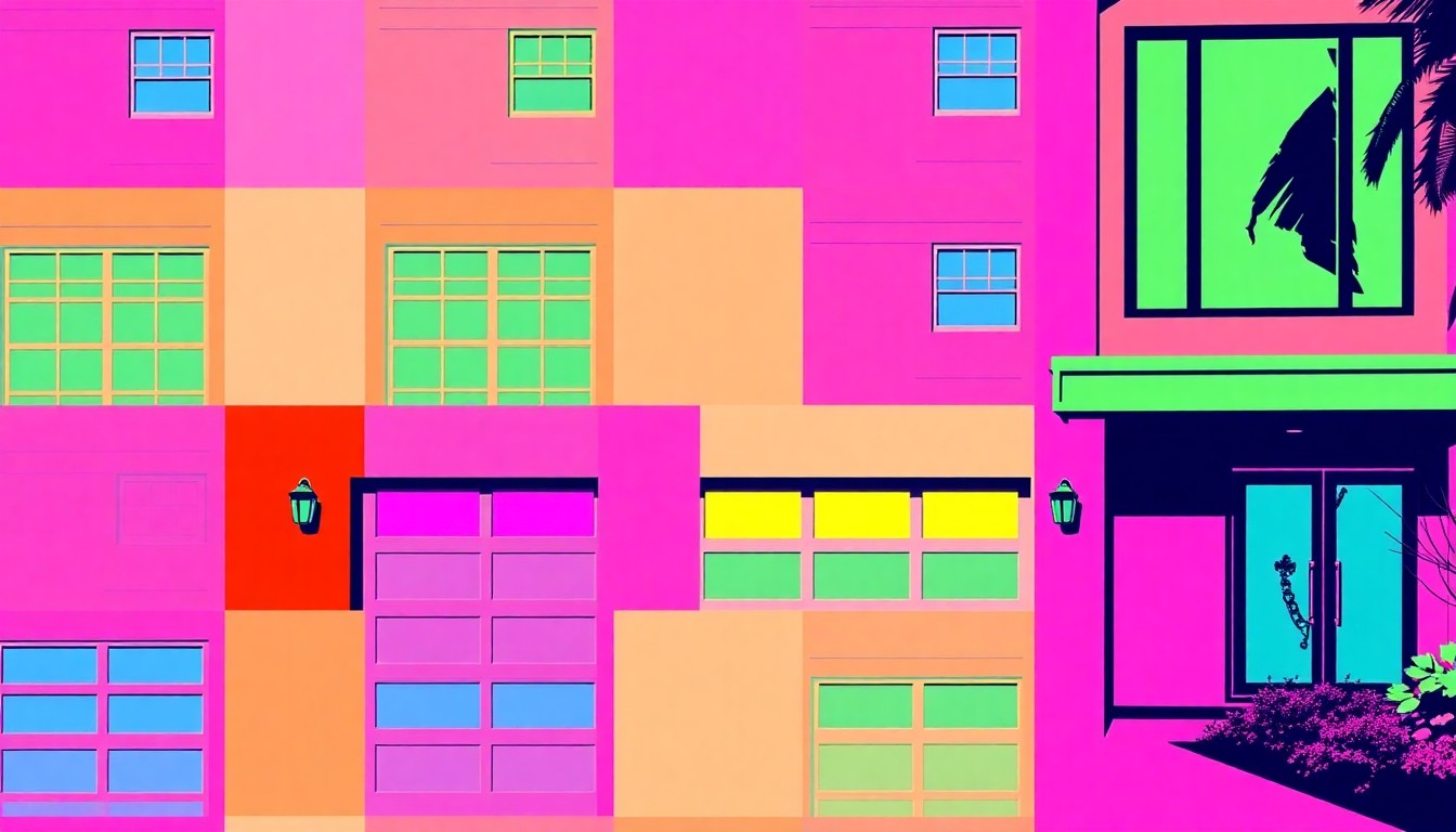 A high-contrast, silkscreen-style illustration featuring a repeating pattern of a single, iconic architectural element from a luxury home, rendered in a bold, neon color palette.