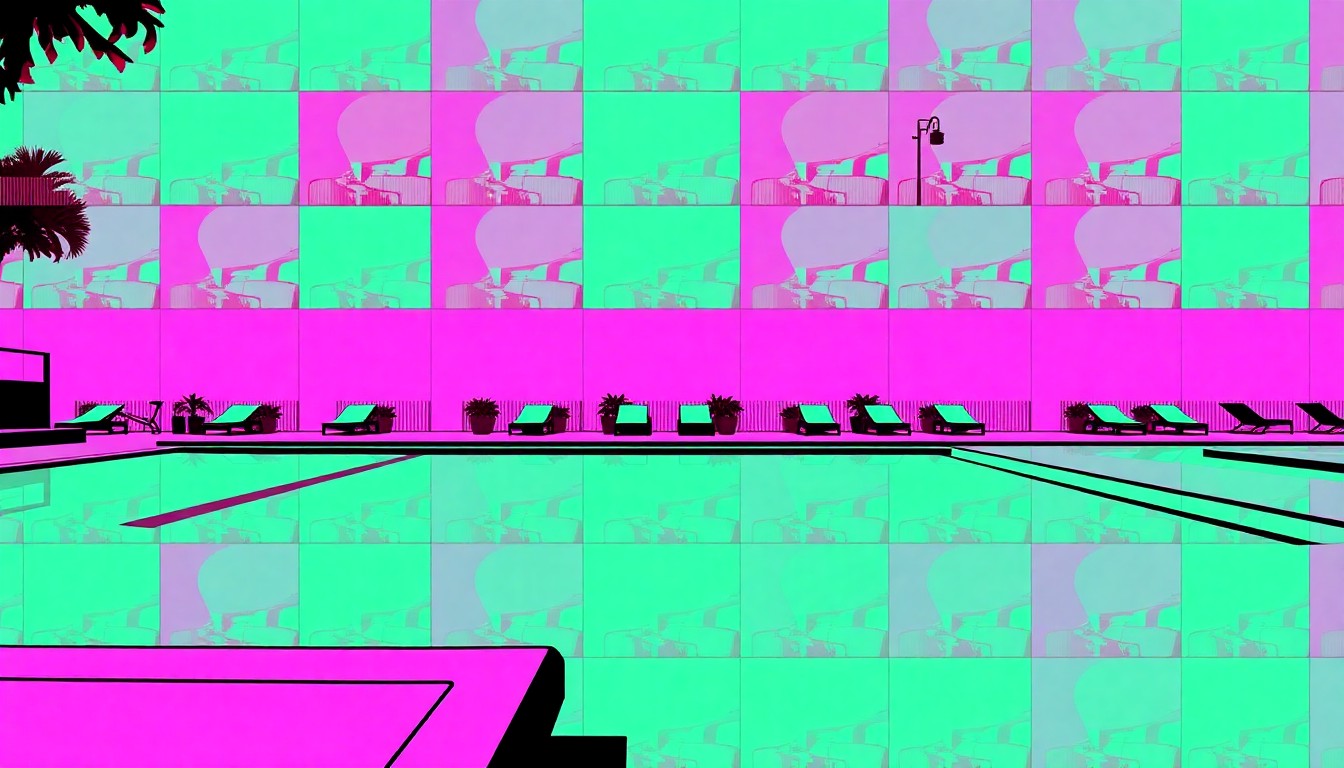 A brightly colored, high-contrast silkscreen print of a luxury swimming pool repeated in a tight grid pattern, capturing the vibrant and modern feel of an upscale outdoor living space.