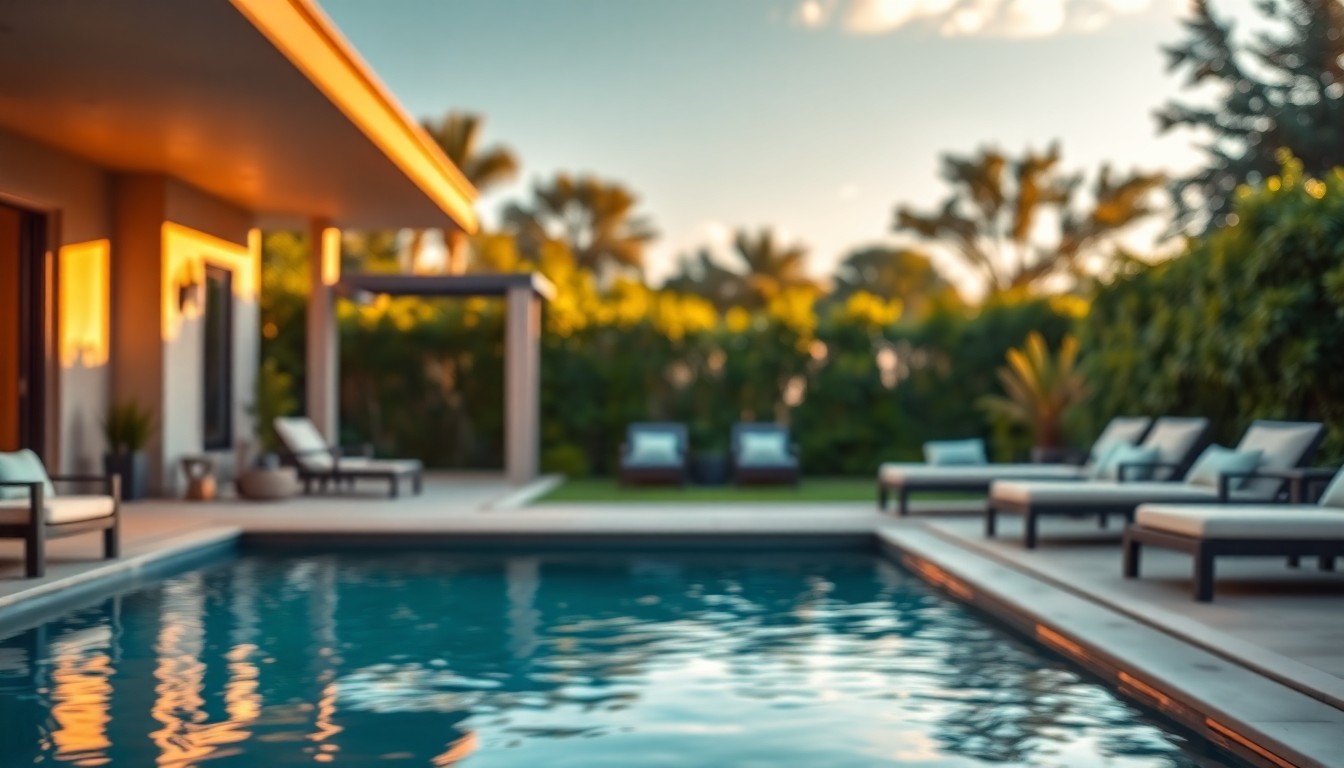An abstract, out-of-focus photograph depicting a luxurious outdoor living space with a swimming pool, patio furniture, and lush greenery, all bathed in a warm, golden light, creating a serene and inviting atmosphere.