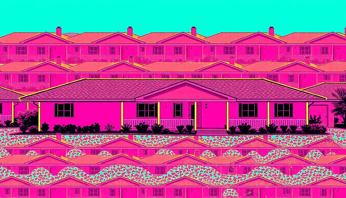 A vibrant, abstract silkscreen-style illustration featuring a repeated image of a ranch-style home in bold, neon-inspired colors, conceptually representing the luxury and character of the property.