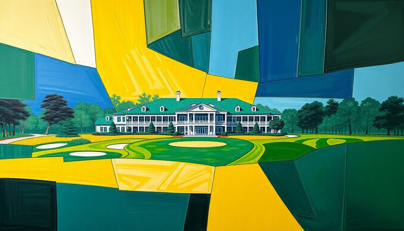 A cubist, multi-perspective painting depicting the Augusta National Golf Club clubhouse and grounds broken down into sharp, overlapping geometric shapes in a palette of green, yellow, and blue.