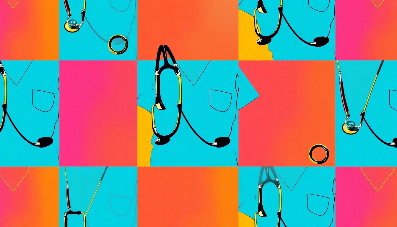A brightly colored, high-contrast silkscreen print of a single, iconic medical object such as a stethoscope or nurse's scrubs, repeated in a tight grid pattern, capturing the celebratory spirit of the story through the use of flat, vibrant, and unnatural neon color palettes overlapping with heavy black photographic outlines.