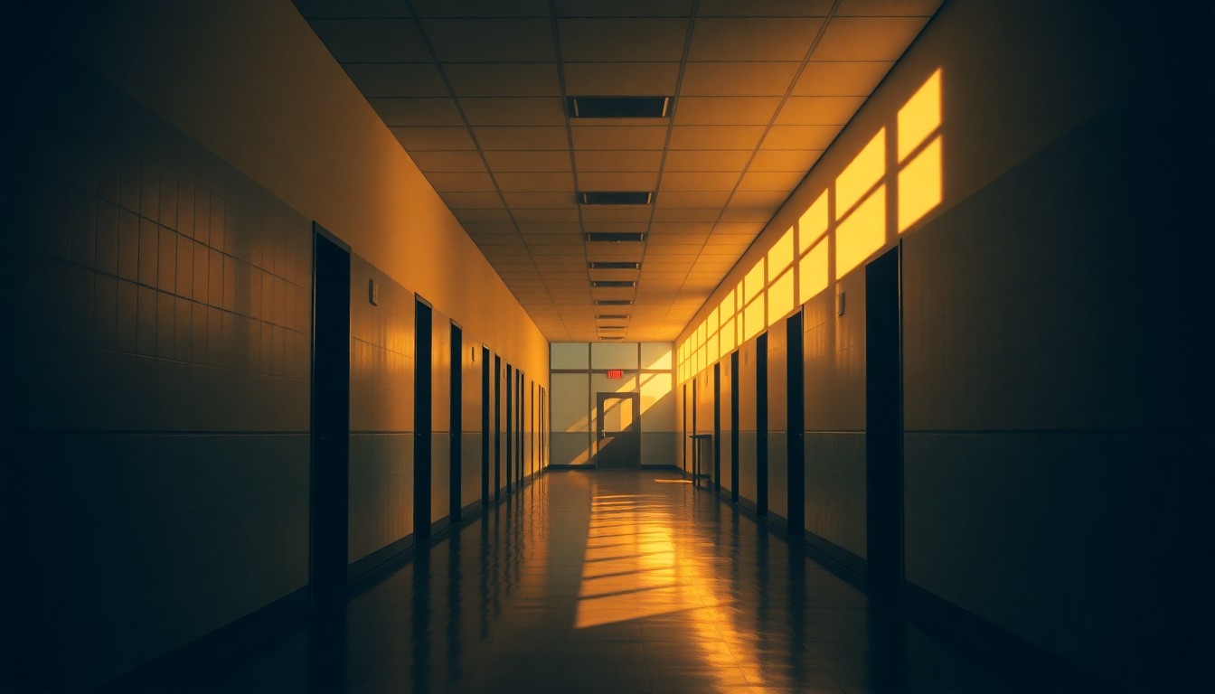 A serene, painterly scene of an empty school hallway with long shadows cast across the floor, conveying a sense of quiet contemplation about the importance of campus safety.
