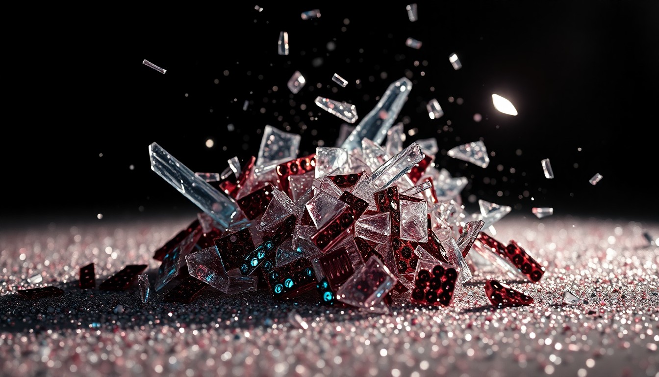 An extreme close-up photograph of glittering sequins and shattered glass in dramatic high-contrast studio lighting, conceptually representing the glamour and celebrity culture surrounding a famous couple's relationship.