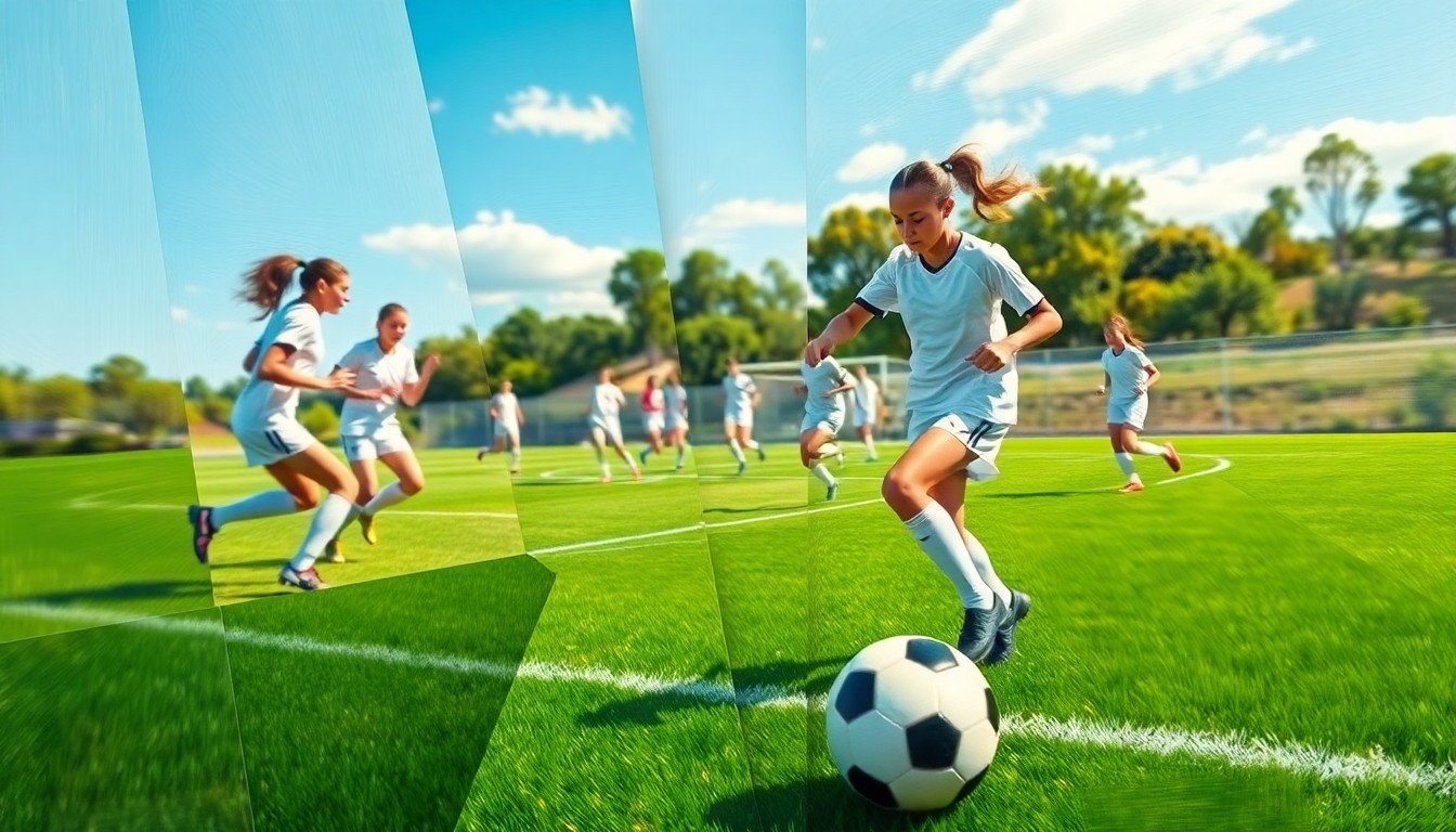 A fragmented, geometric painting depicting the action and movement of a high school girls soccer game, with sharp planes of green, white, and a blurred soccer ball.