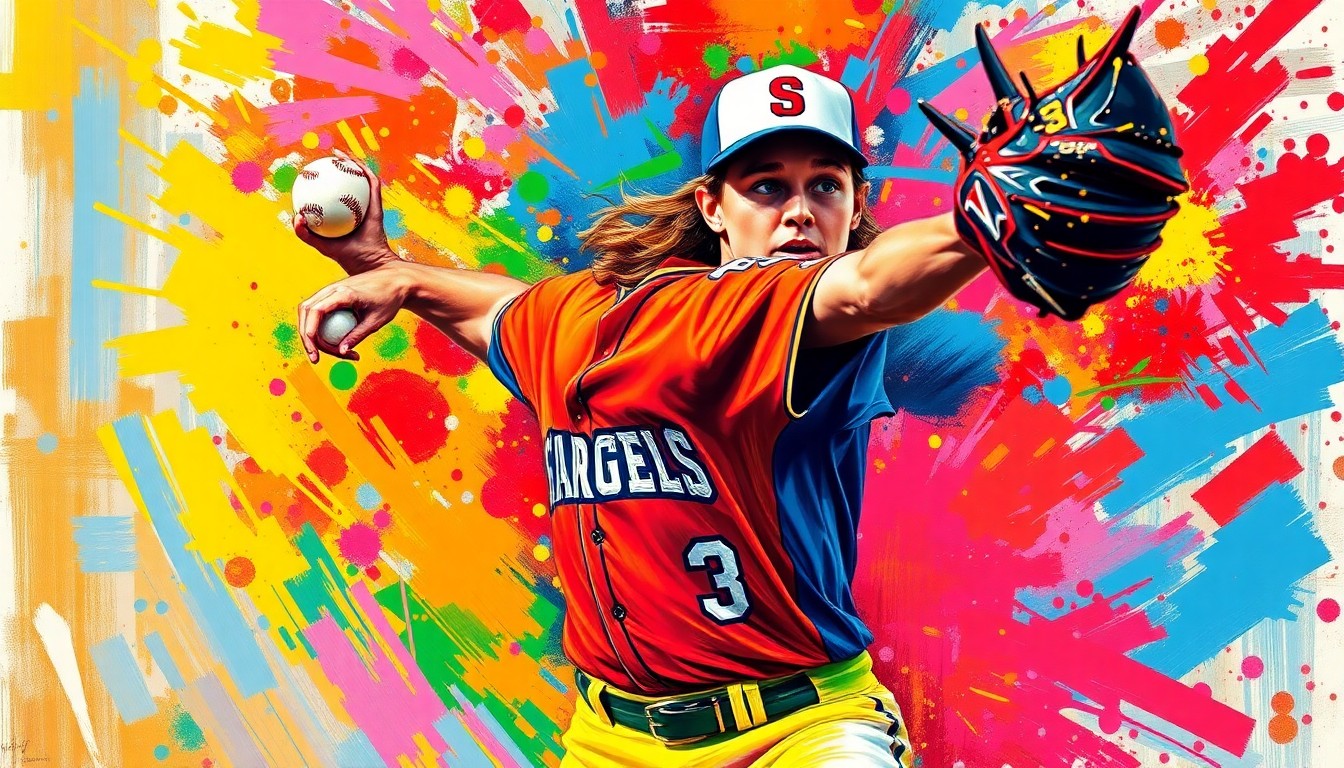 An abstract, expressionist painting depicting the powerful motion and energy of a softball pitcher, with vibrant brushstrokes and neon colors that capture the raw athleticism of the game.