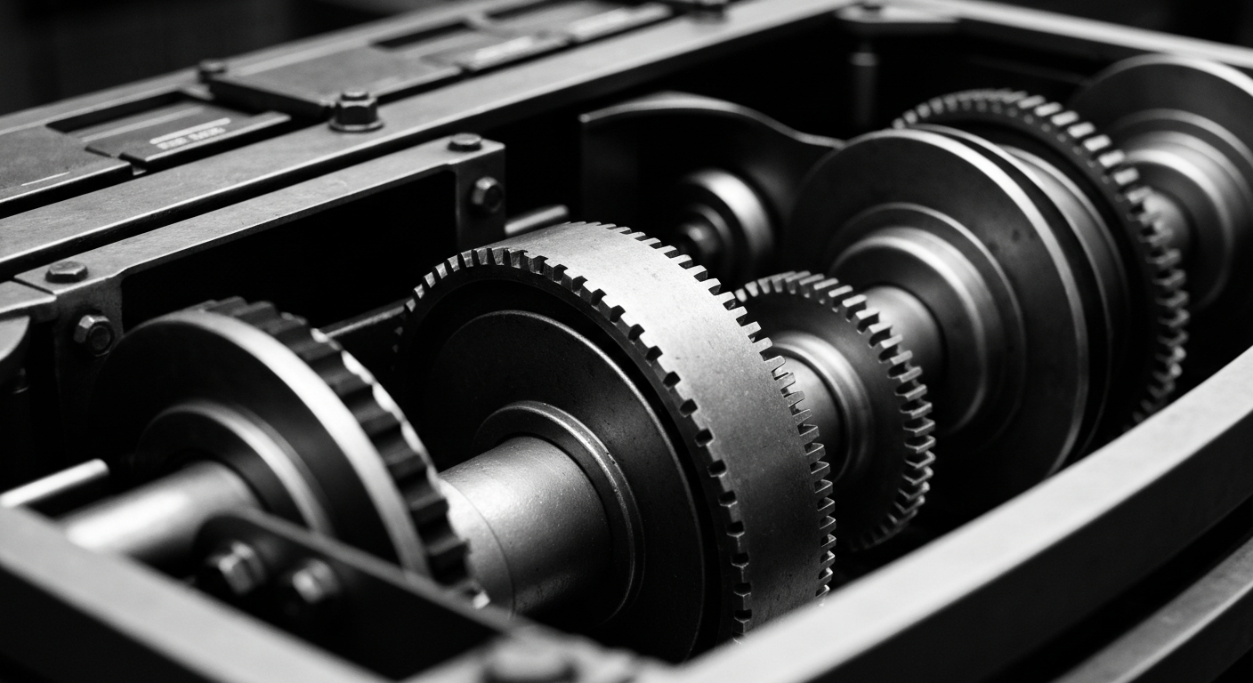 A high-contrast, close-up image of the internal components and machinery of a financial trading terminal, conveying the heavy, industrial nature of the infrastructure that supports modern finance.