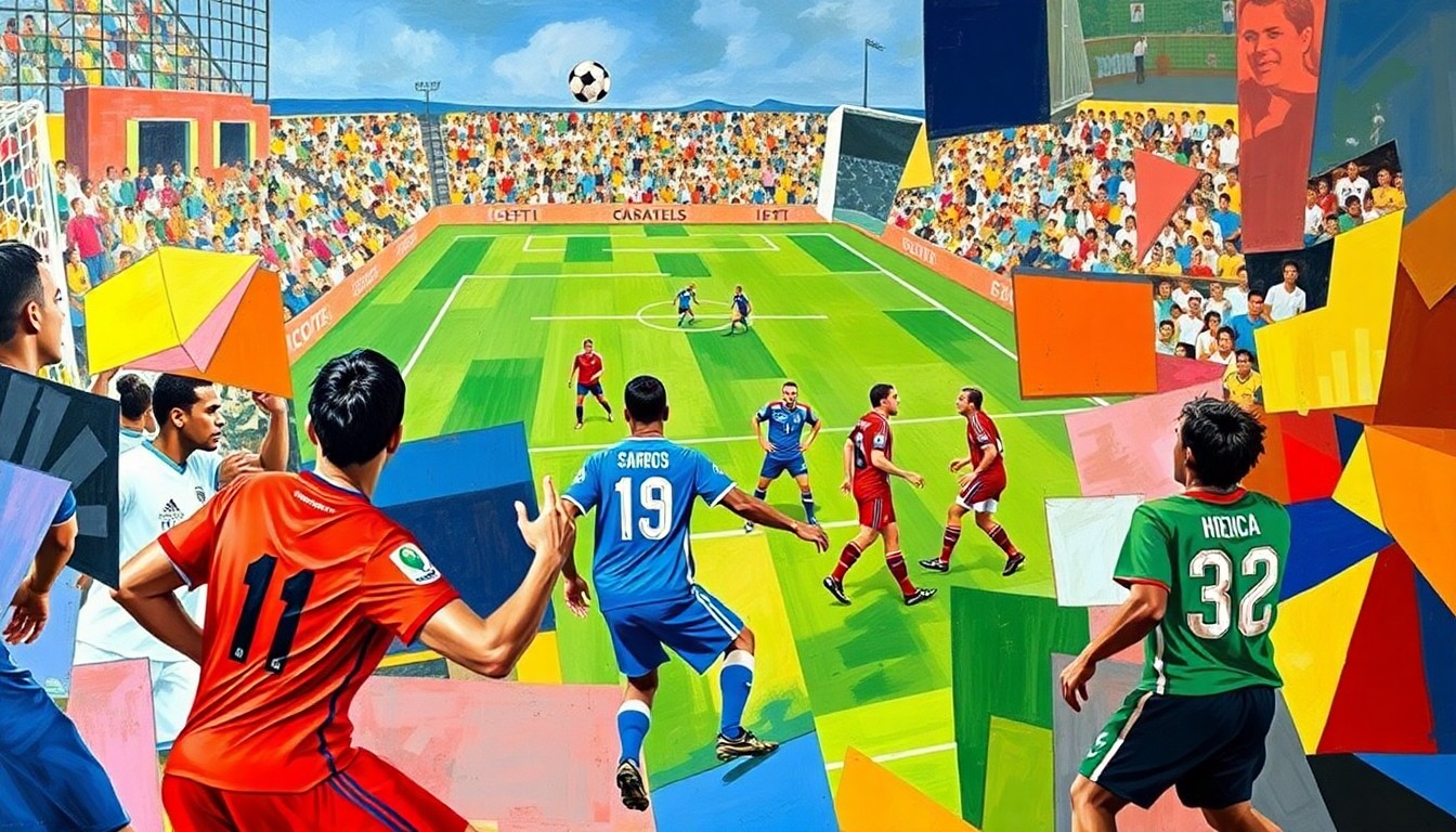 A fragmented, geometric painting in bold colors depicting the action and movement of a South American football match, with players and the field broken down into sharp, overlapping planes.