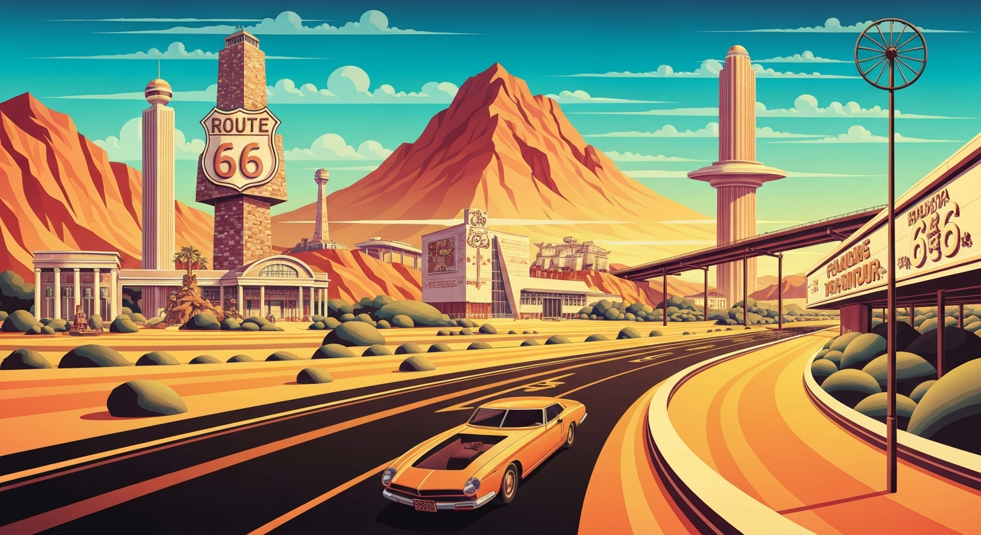 A highly stylized, geometric illustration depicting the sweeping vistas and towering landmarks of Route 66, capturing the road trip's sense of adventure and scale without any literal depictions of people or text.
