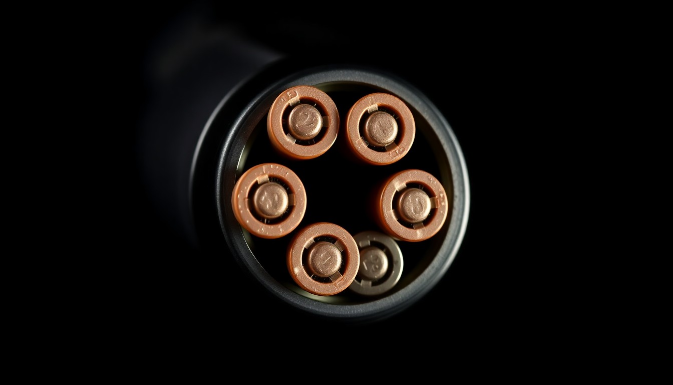 An extreme close-up photograph of a .22-caliber revolver cylinder with six live rounds, lit by a harsh, direct camera flash against a pitch-black background, creating a stark, gritty, investigative aesthetic.