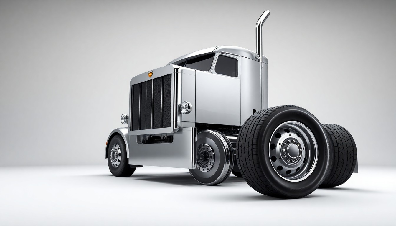 A high-end, photorealistic studio still-life photograph featuring polished metal truck parts arranged elegantly on a clean, monochromatic background, conceptually representing the financial challenges facing the trucking industry.