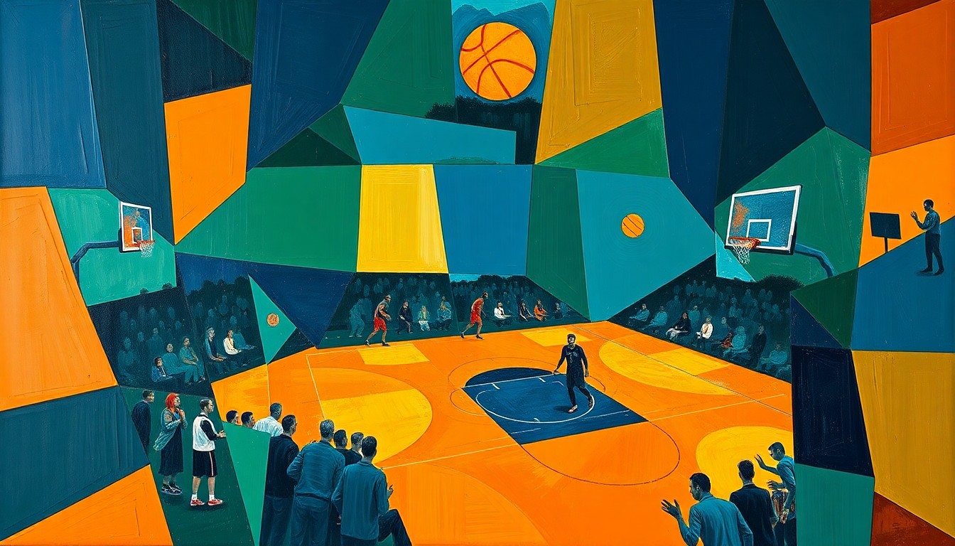 A cubist, geometric painting depicting a basketball game, with sharp, overlapping planes in navy, green, and orange, capturing the energy and intensity of the matchup.