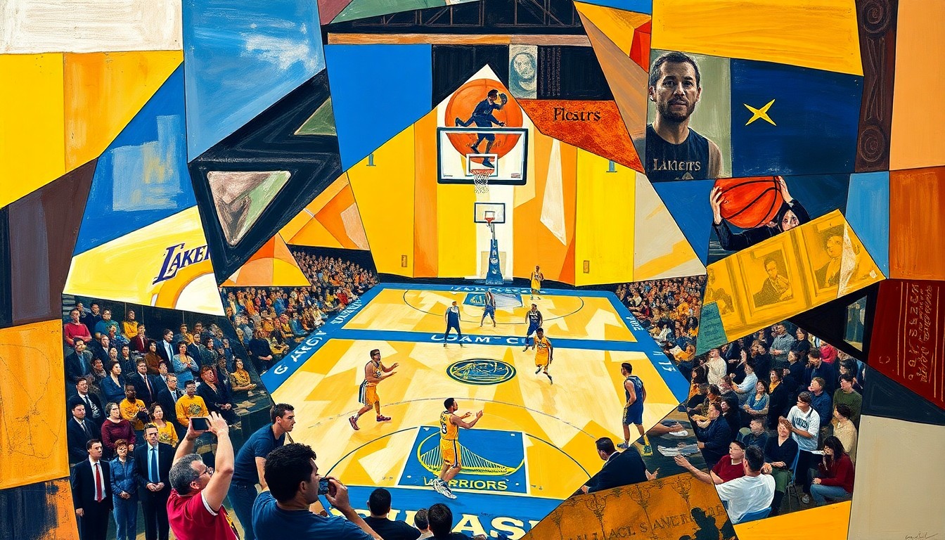A fragmented, geometric painting depicting a basketball game between two teams, with the players and court broken down into sharp, overlapping shapes and planes of color, conveying the competitive energy and tactical nature of the contest.