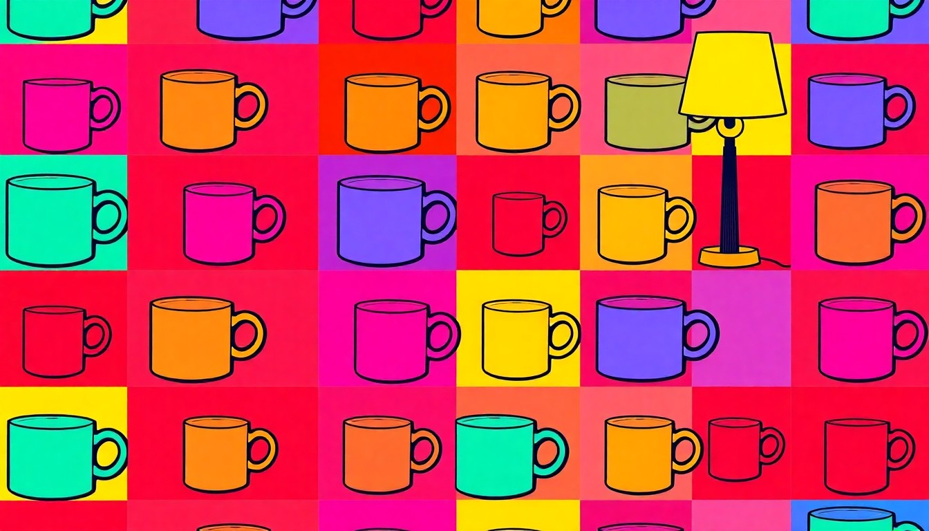 A high-contrast silkscreen print of a single, iconic household object repeated in a tight grid pattern, using flat, vibrant neon colors and heavy black outlines to transform an everyday item into modern pop art.