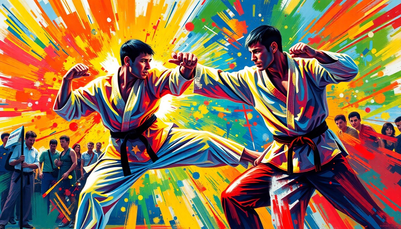An abstract expressionist painting in vibrant neon colors, depicting the dynamic movements and energy of karate competitors in action at a tournament.