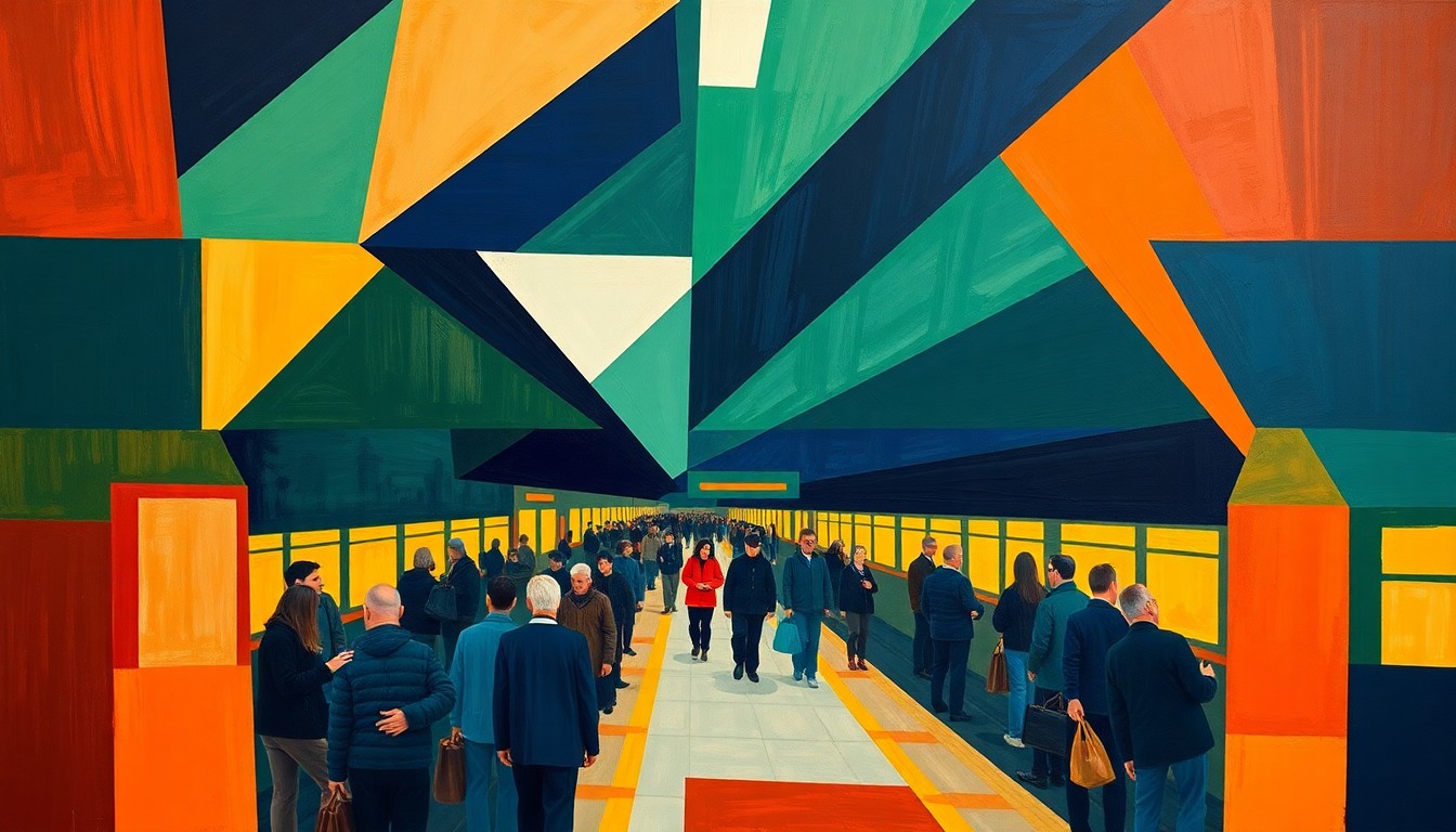 A fragmented, cubist-style painting depicting a crowded commuter train platform, with sharp geometric shapes in navy, green, and orange hues conveying the chaotic energy and accessibility challenges of the World Cup transportation situation.