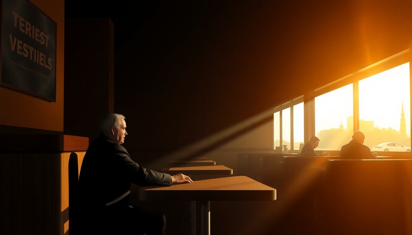 A solitary figure sits alone at a diner counter, the warm light and deep shadows creating a contemplative, nostalgic mood as they consider how to bridge the partisan divide.