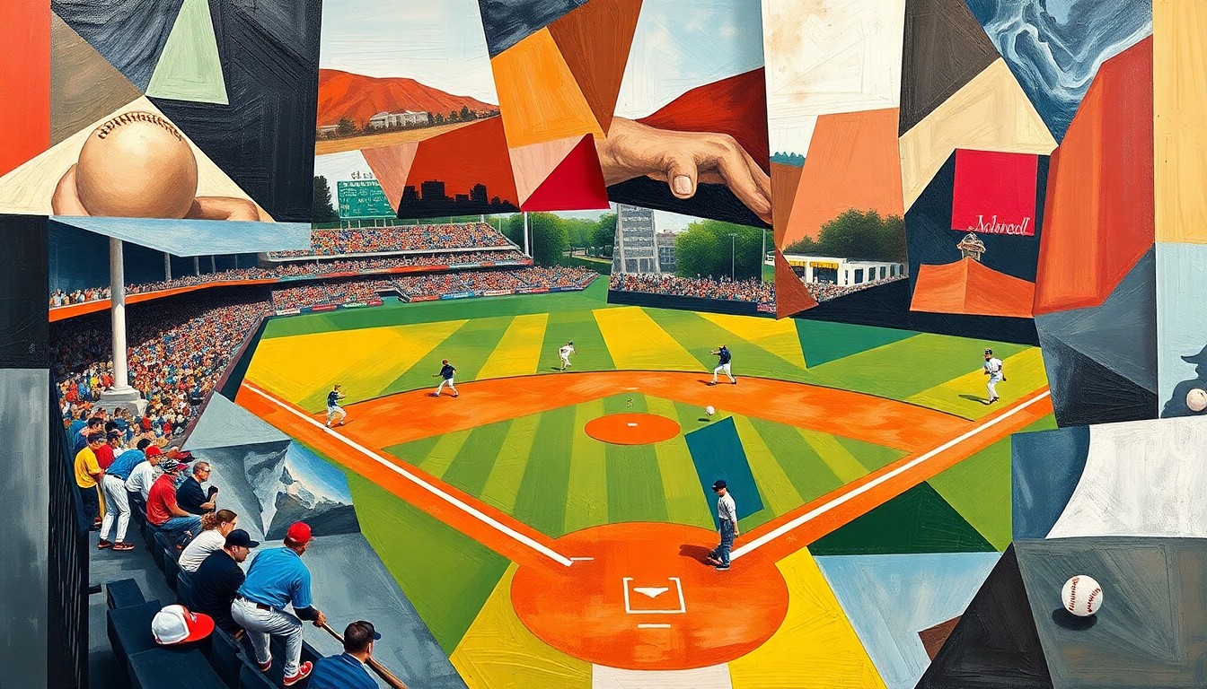 An abstract, cubist-style painting depicting a high school baseball game, with the players and field broken down into sharp, overlapping geometric shapes and planes in a vibrant color palette.