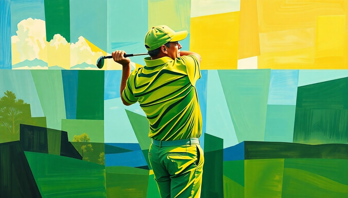 A fragmented, cubist-style painting depicting a golfer mid-swing, with the figure broken down into sharp, overlapping geometric shapes in a vibrant color palette, conceptually representing the complex balance of Ethan Fang's collegiate and professional golf aspirations.