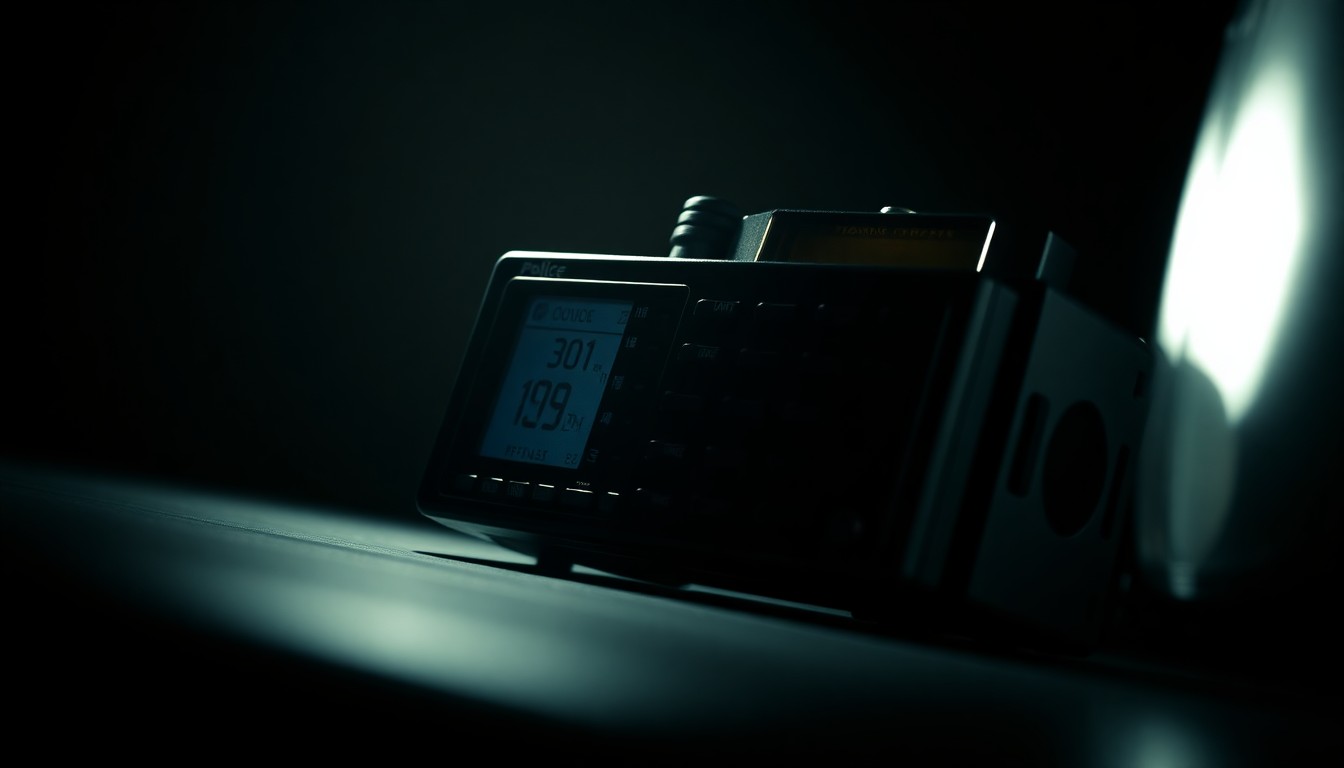 An extreme close-up photograph of a police radio or other law enforcement equipment lit by a harsh, direct camera flash against a pitch-black background, creating a stark, gritty, investigative aesthetic.