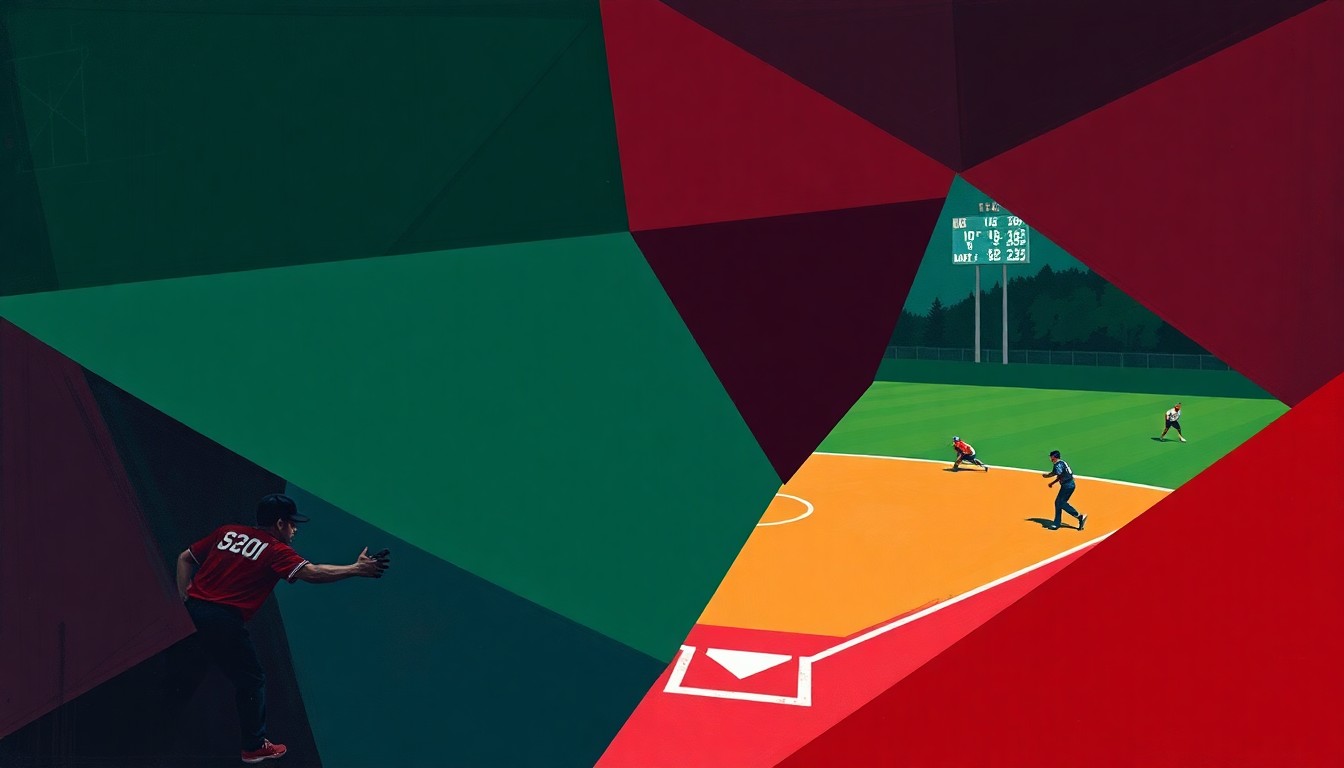 A cubist, geometric painting depicting the dynamic movements and energy of a high school softball game, with overlapping planes of color and form.