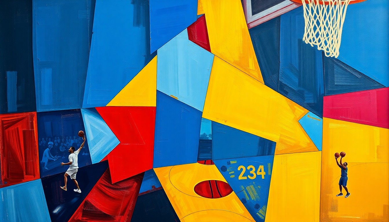A cubist, geometric painting depicting the dynamic action of a basketball game, with overlapping planes of color and form representing the players' movements and the ebb and flow of the contest.