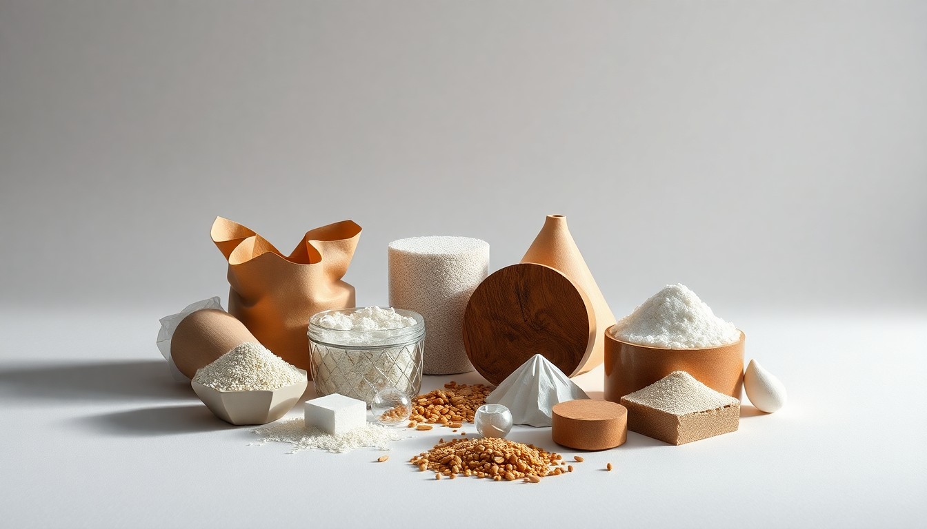 A photorealistic studio still life featuring a collection of polished raw materials and geometric shapes in muted tones, conceptually representing the global urea formaldehyde supply chain and its transformation to meet new environmental regulations.