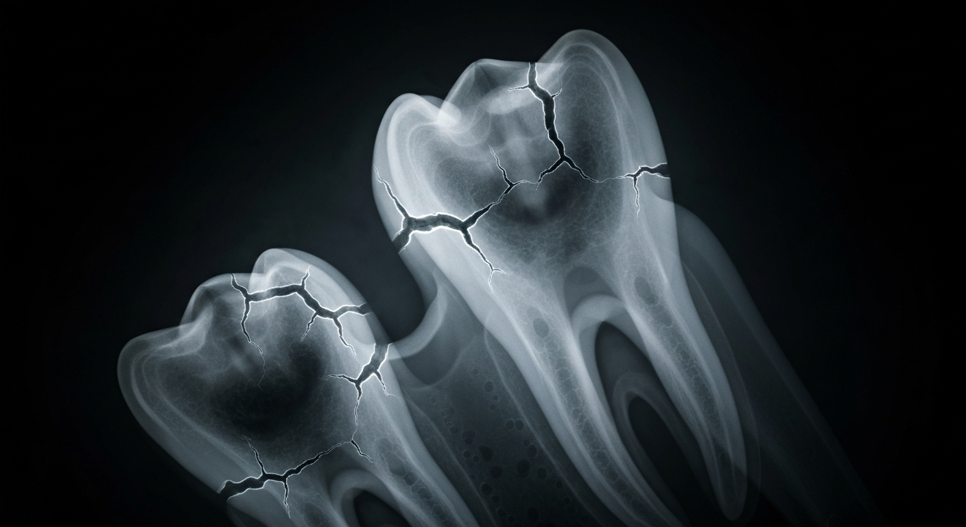 A translucent, ghostly X-ray photograph showing the internal structure of a damaged human tooth, with cracks and fractures visible in the enamel and dentin, conveying the concept of a broken tooth in need of professional dental treatment.