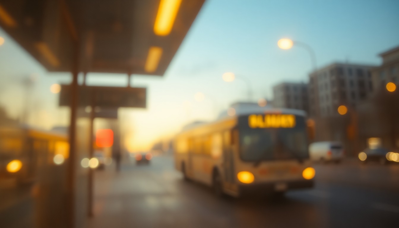 An impressionistic, out-of-focus scene of a city bus stop at dawn, with the faint outline of a bus visible through the blurred, warm-toned atmosphere, conceptually representing the challenges facing public transportation in Bangor.