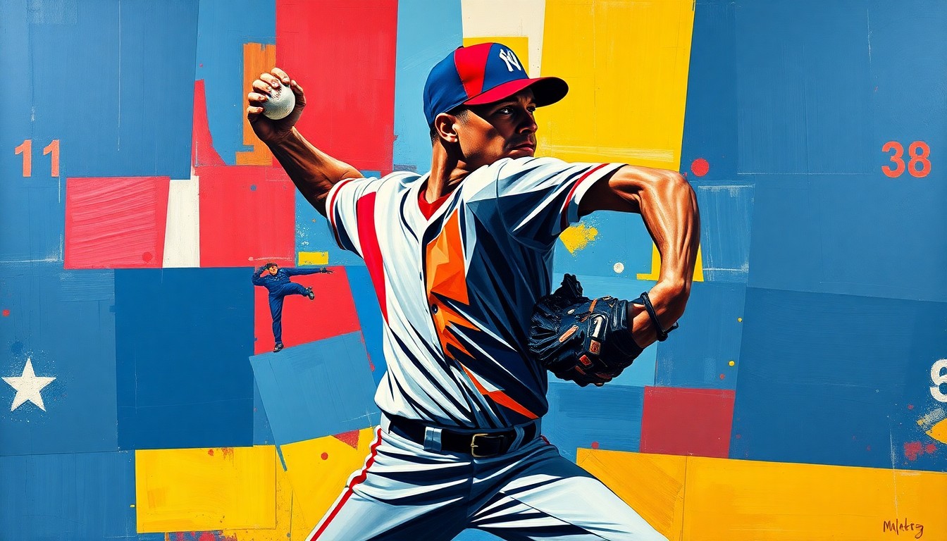 A cubist, geometric painting depicting the fractured, multi-perspective movements of a baseball pitcher, conveying the energy and dynamism of Skenes' dominant performance.