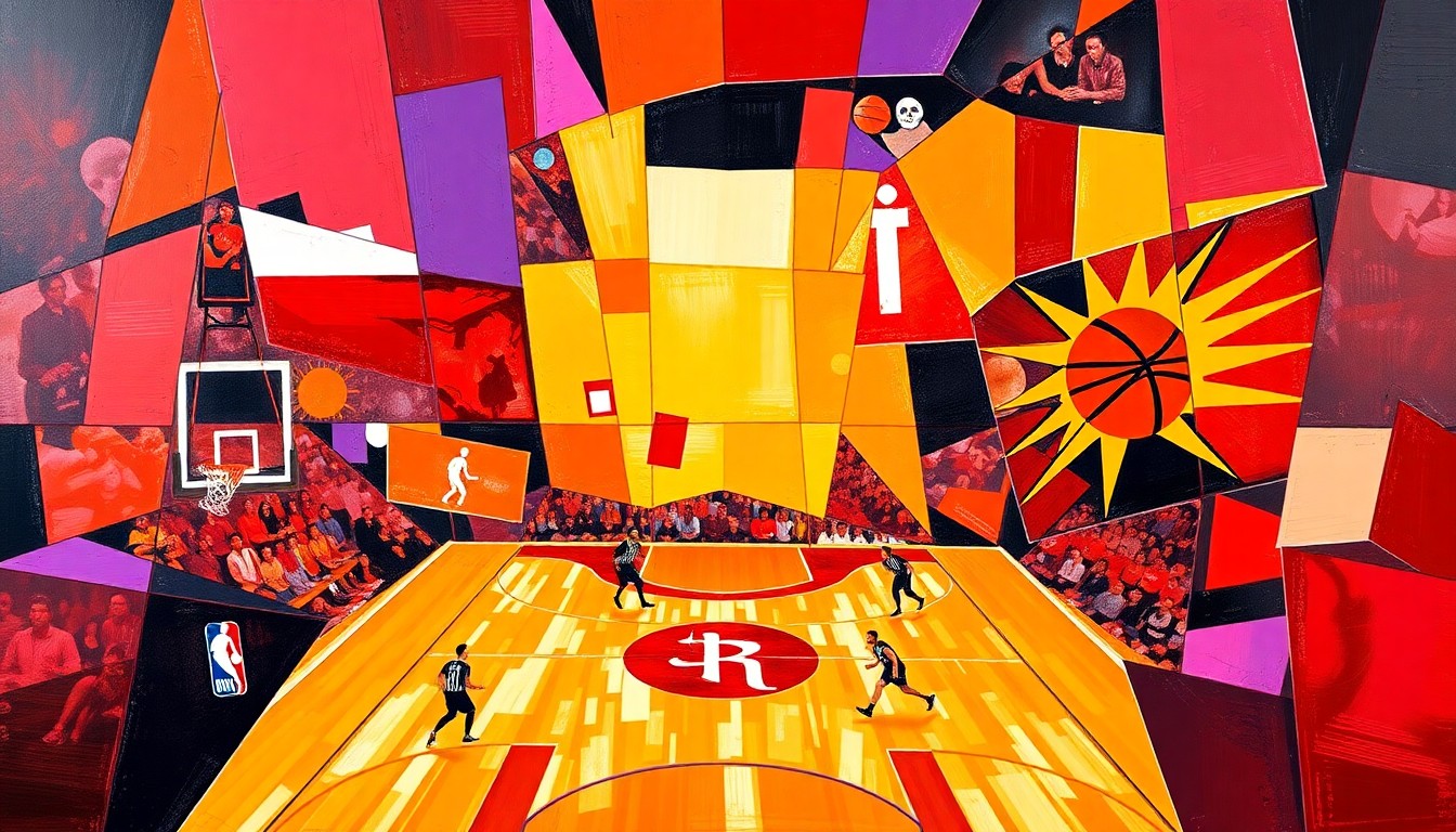 A cubist, geometric painting depicting a basketball game with overlapping planes of red, purple, and orange, conveying the energy and competitiveness of the matchup between the Rockets and Suns.