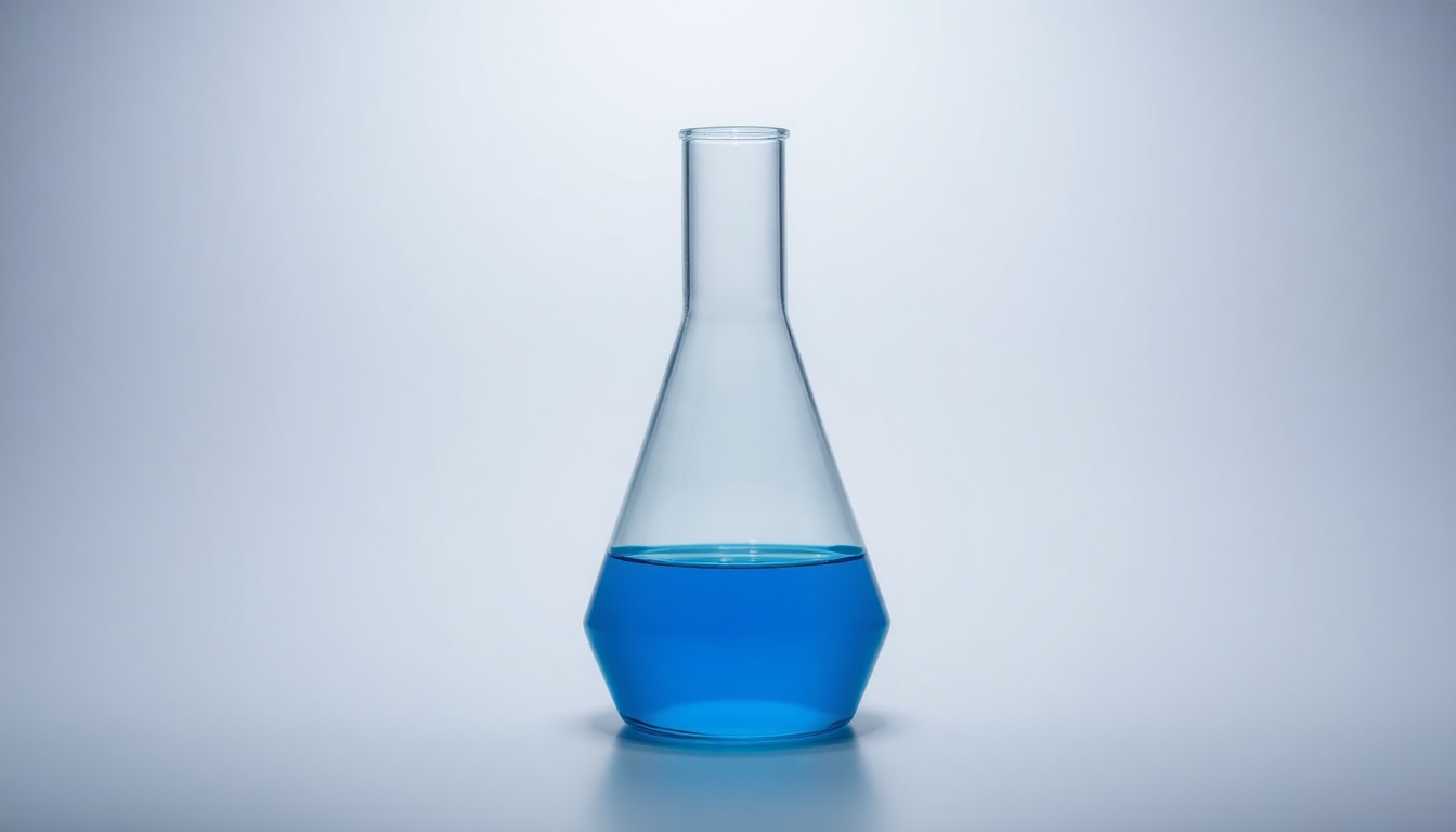 A photorealistic studio still-life image featuring a polished, geometric glass beaker filled with a vibrant blue liquid, symbolizing the chemical properties and industrial applications of methyl ethyl ketone. The beaker is arranged elegantly on a clean, monochromatic background, using dramatic lighting to represent the abstract concepts of corporate strategy and markets.
