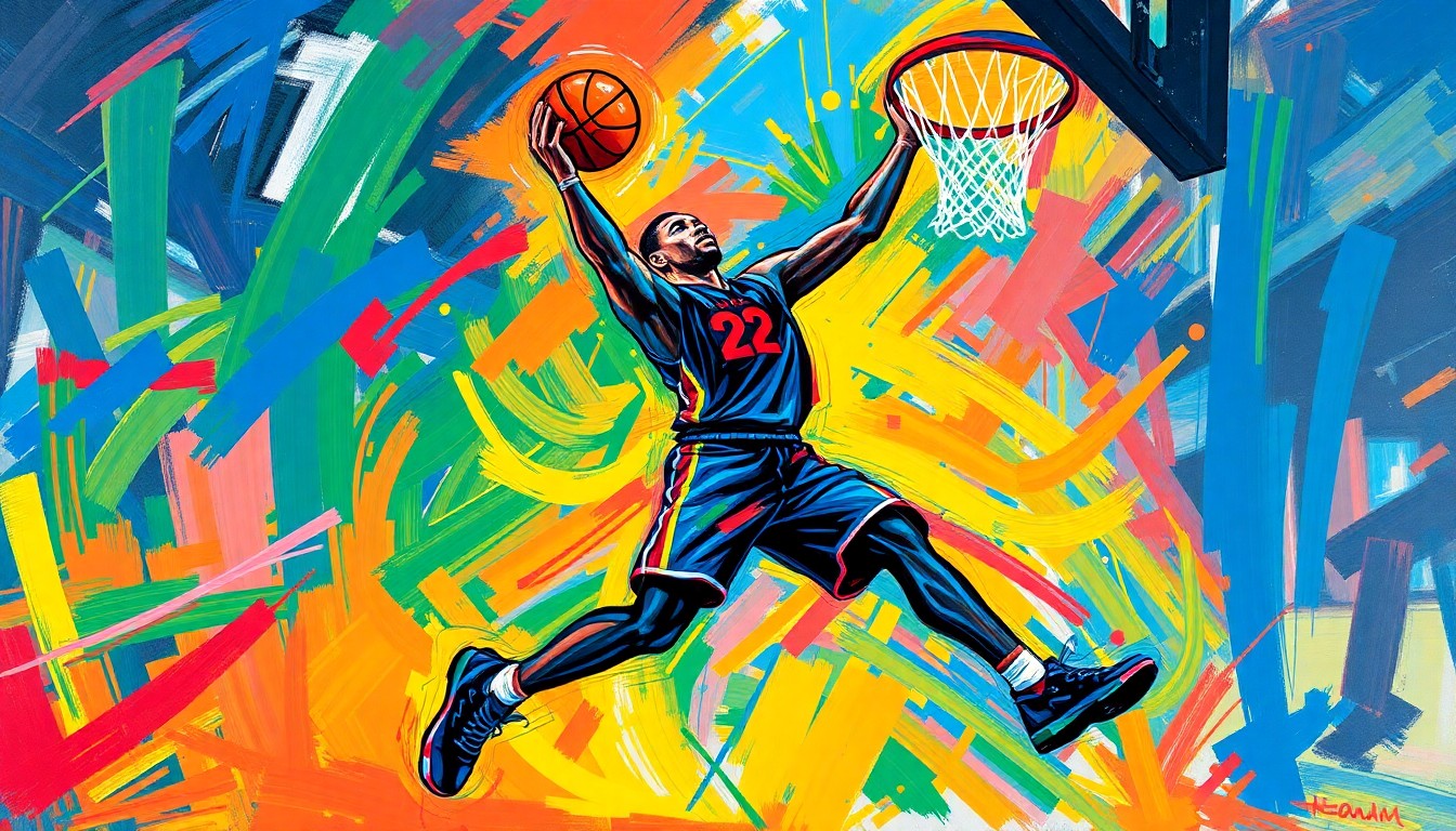 An abstract, energetic painting with bold brushstrokes and neon colors, depicting the dynamic movement and intensity of a basketball player driving to the hoop.