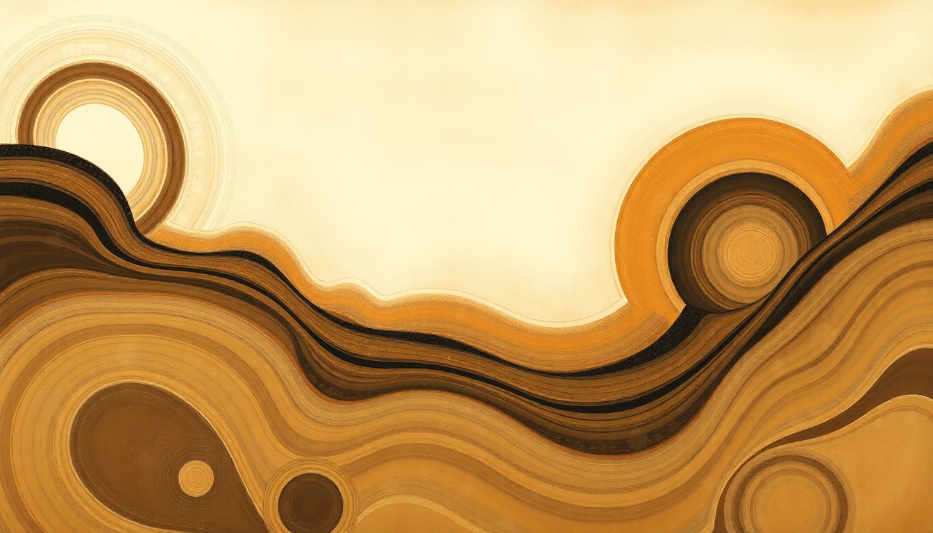 An abstract painting in soft earth tones featuring sweeping geometric shapes, concentric circles, and precise botanical spirals, visually representing the complex chemical and physical processes involved in remediating contaminated marine mud sediment.