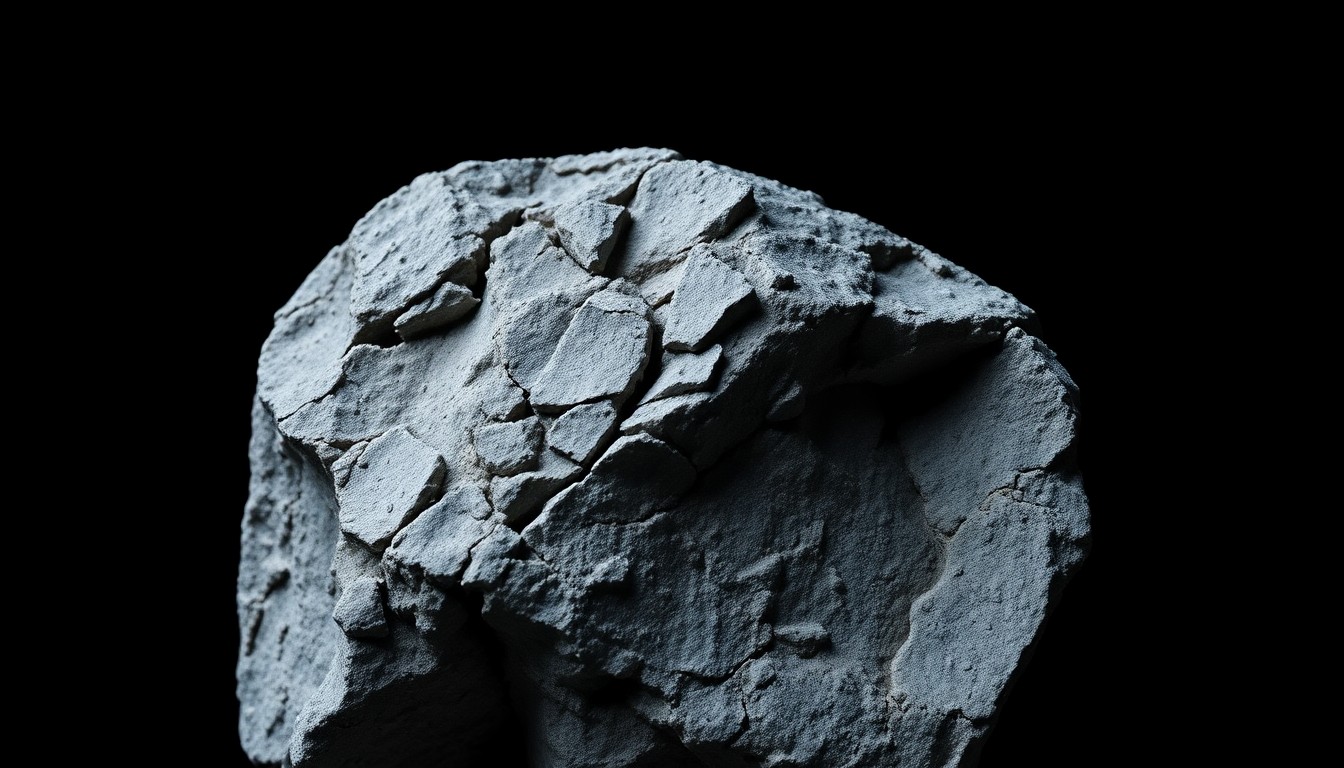 An extreme close-up photograph of a jagged, irregular rock fragment against a completely black background, conveying a stark, gritty, and investigative aesthetic without any text or identifiable elements.