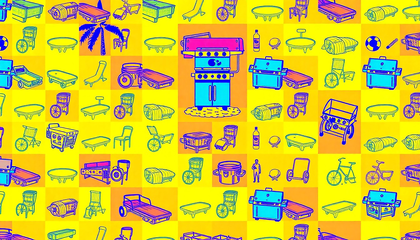 A high-contrast, silkscreen-style illustration of a swimming pool, outdoor grill, or other iconic home feature repeated in a grid, capturing the bold, colorful aesthetic of the HGTV Smart Home 2026.