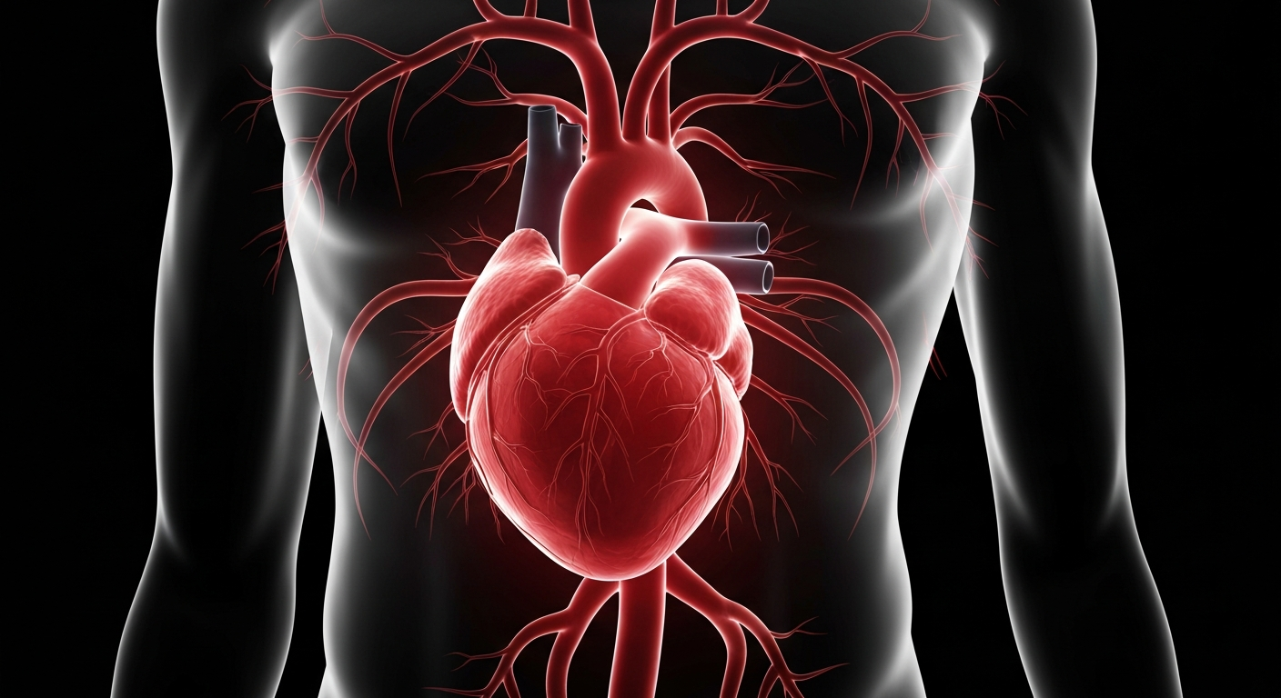 A highly detailed, translucent X-ray photograph showing the intricate structures of a human heart and surrounding blood vessels, glowing against a dark background to conceptually represent the internal effects of iron overload disorders.