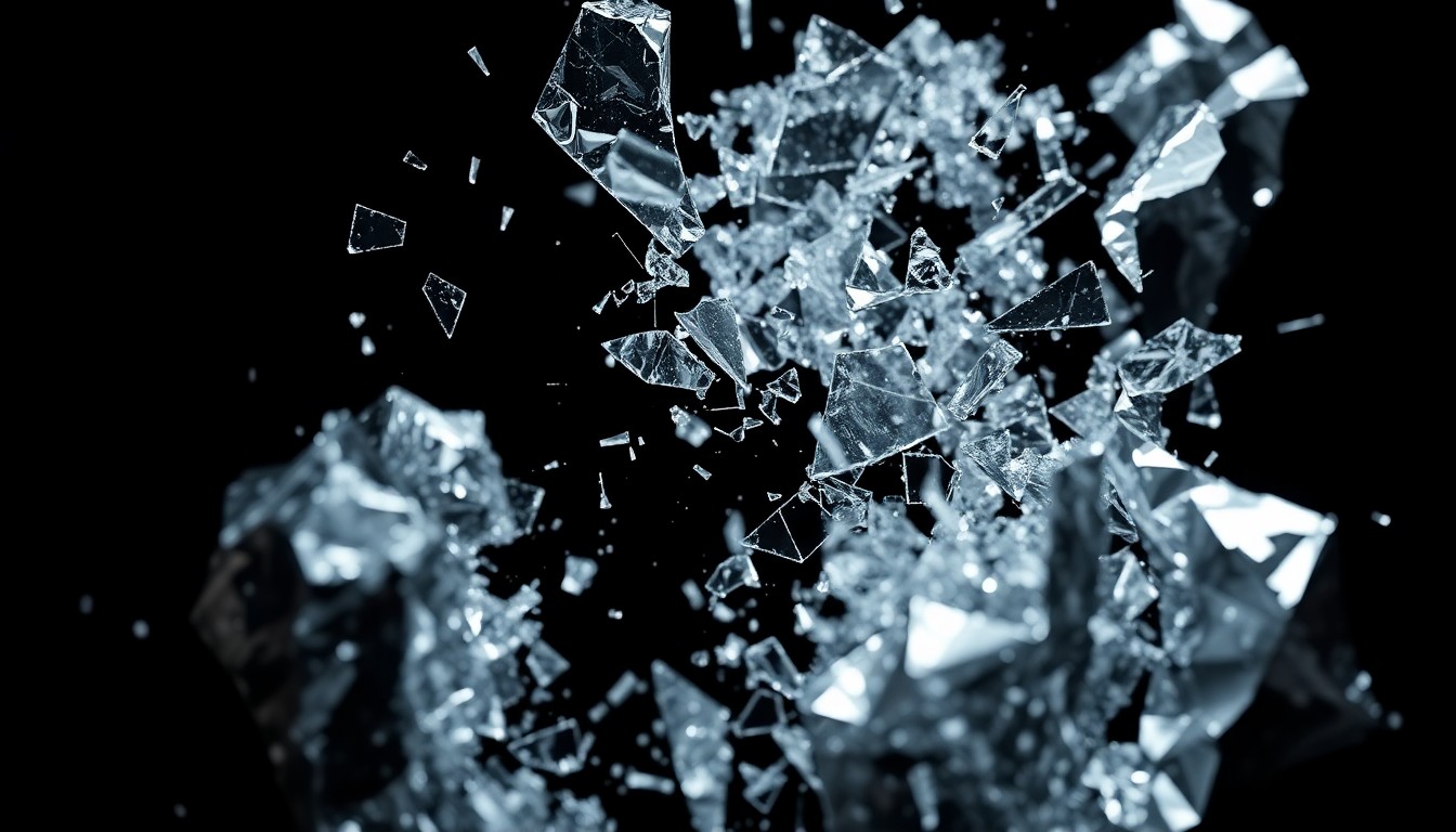 An abstract close-up image of shattered glass and crumpled metallic foil, captured in dramatic high-contrast studio lighting to convey a sense of fragility and volatility.