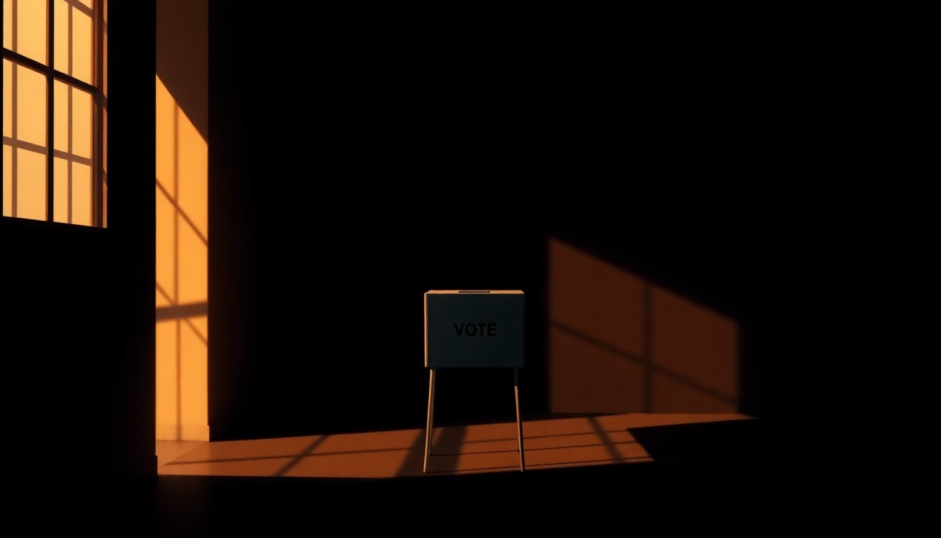 A warm, cinematic painting depicting a solitary voting booth or ballot box in soft, diagonal sunlight, conceptually representing the results of a local election.