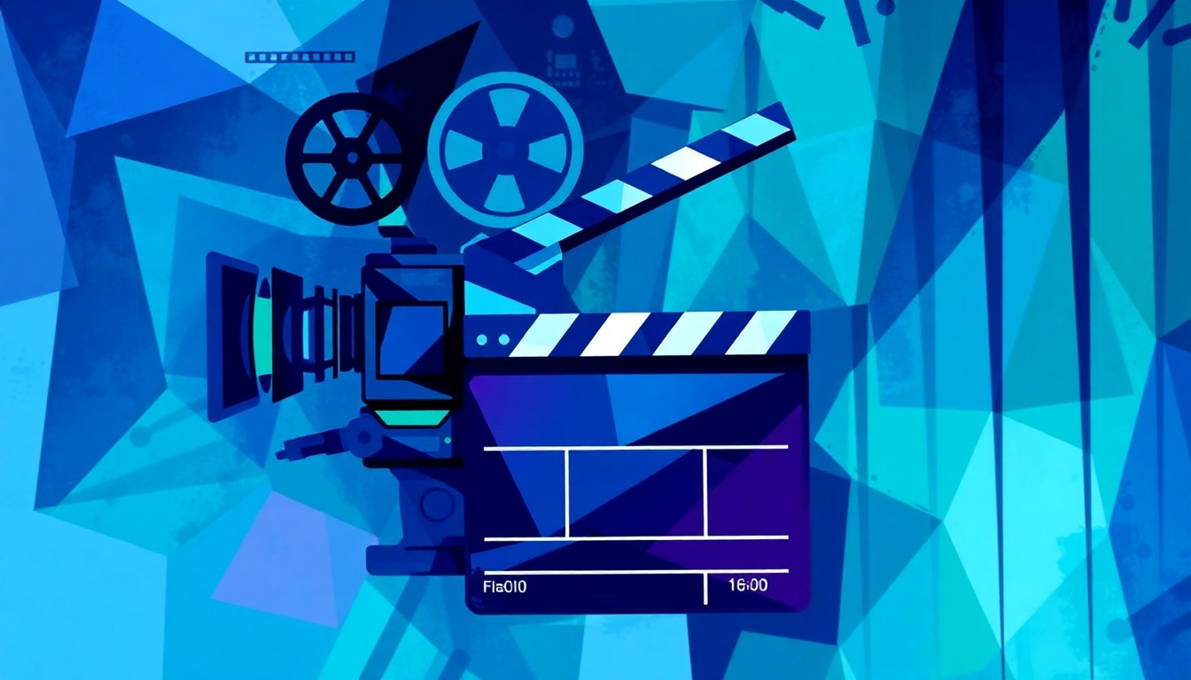 A dynamic, abstract painting featuring overlapping, fragmented shapes and lines in shades of blue, green, and purple, conceptually representing the tensions within Oklahoma's entertainment industry over proposed labor legislation.