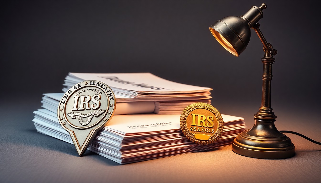 A minimalist studio still life featuring a polished metal IRS badge, a stack of tax forms, and a vintage desk lamp, conceptually representing a government finance professional's decades of service and expertise.