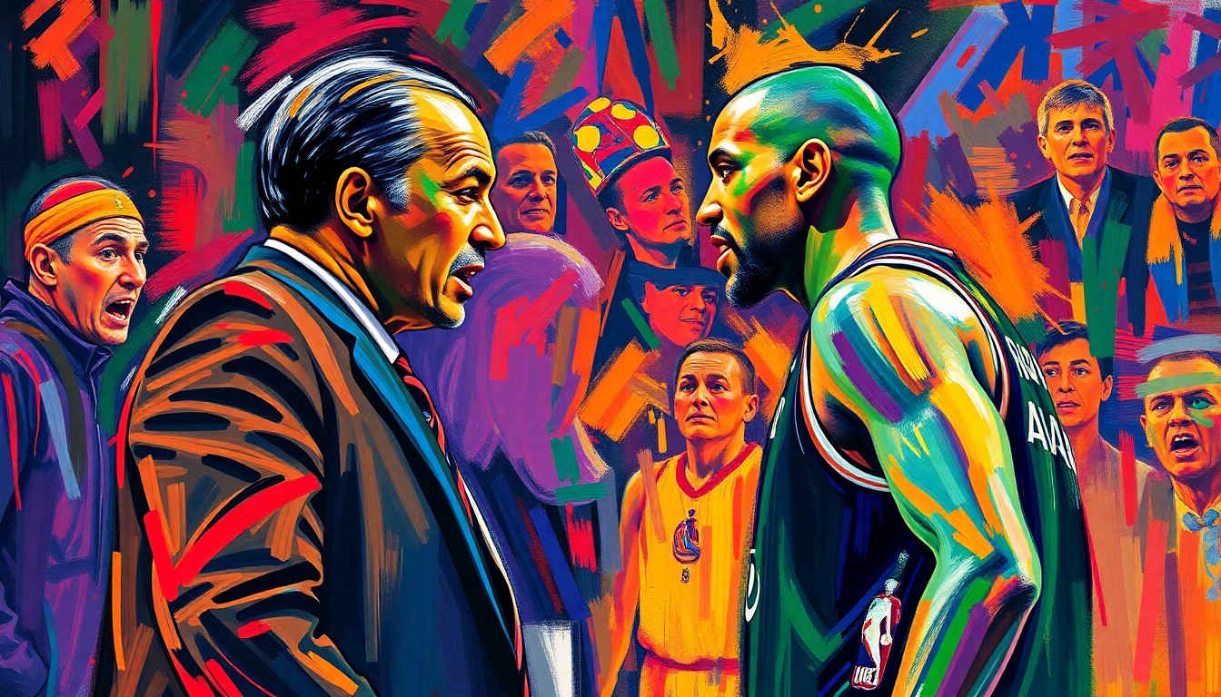 An abstract painting with bold, expressive brushstrokes in neon colors, conceptually representing the intense emotions and energy of a heated argument between an NBA coach and player on the sidelines.