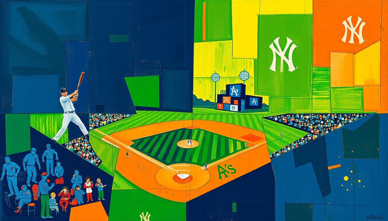 A fragmented, geometric painting depicting a baseball game between the Oakland A's and New York Yankees, with sharp planes of color and overlapping perspectives capturing the energy and tension of the game.