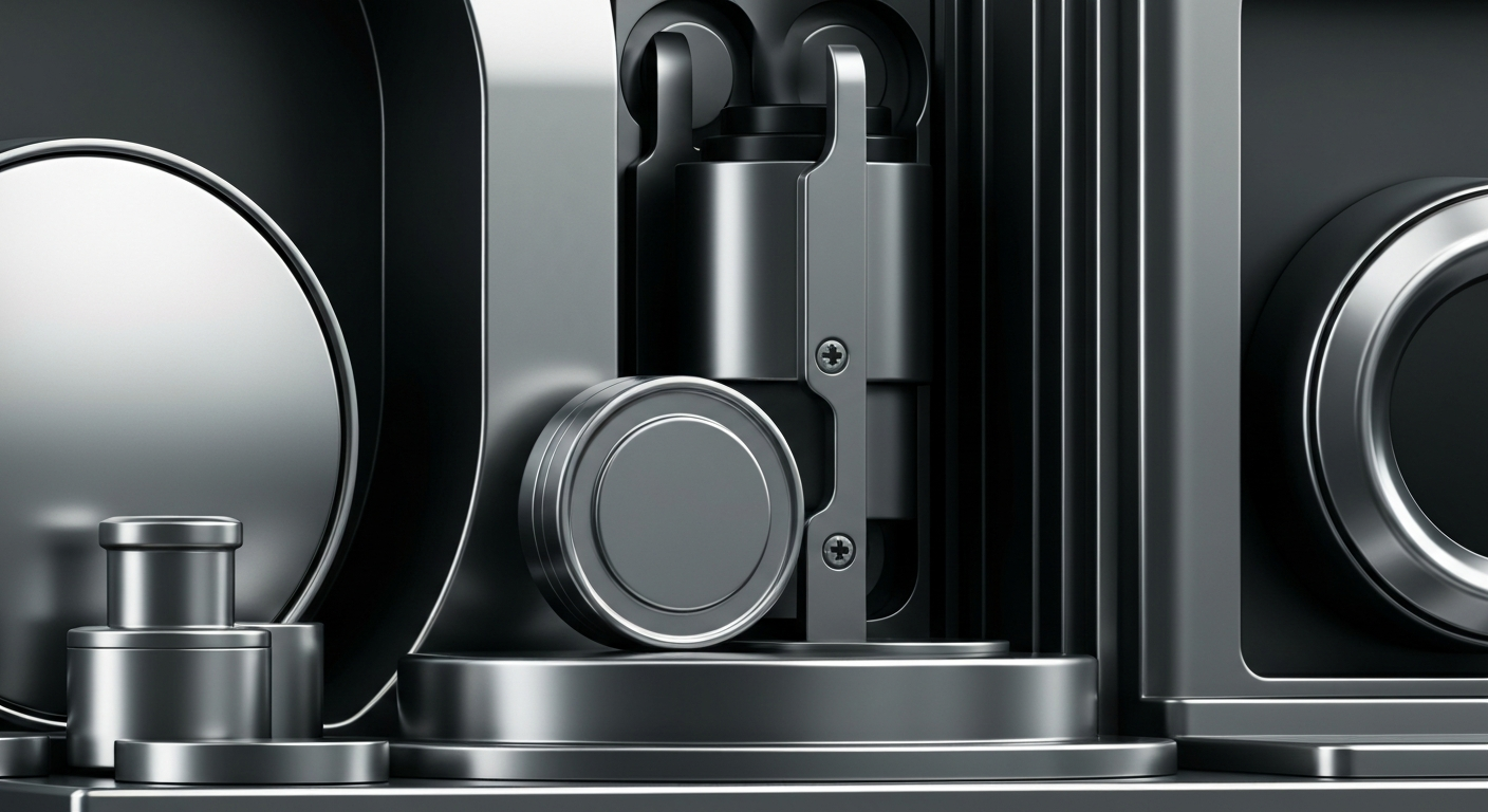 An extreme close-up of gleaming, industrial-scale banking equipment and mechanisms, conveying the secure, institutional power of the financial industry as a metaphor for Morgan Stanley's crypto ambitions.