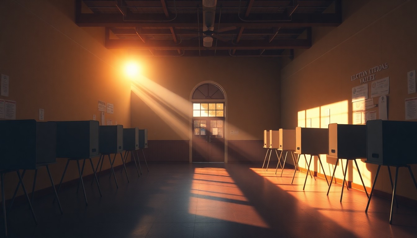 A photorealistic painting of an empty polling station interior, with warm sunlight streaming through the windows and deep shadows cast across the room, conveying a sense of civic solemnity and community engagement.